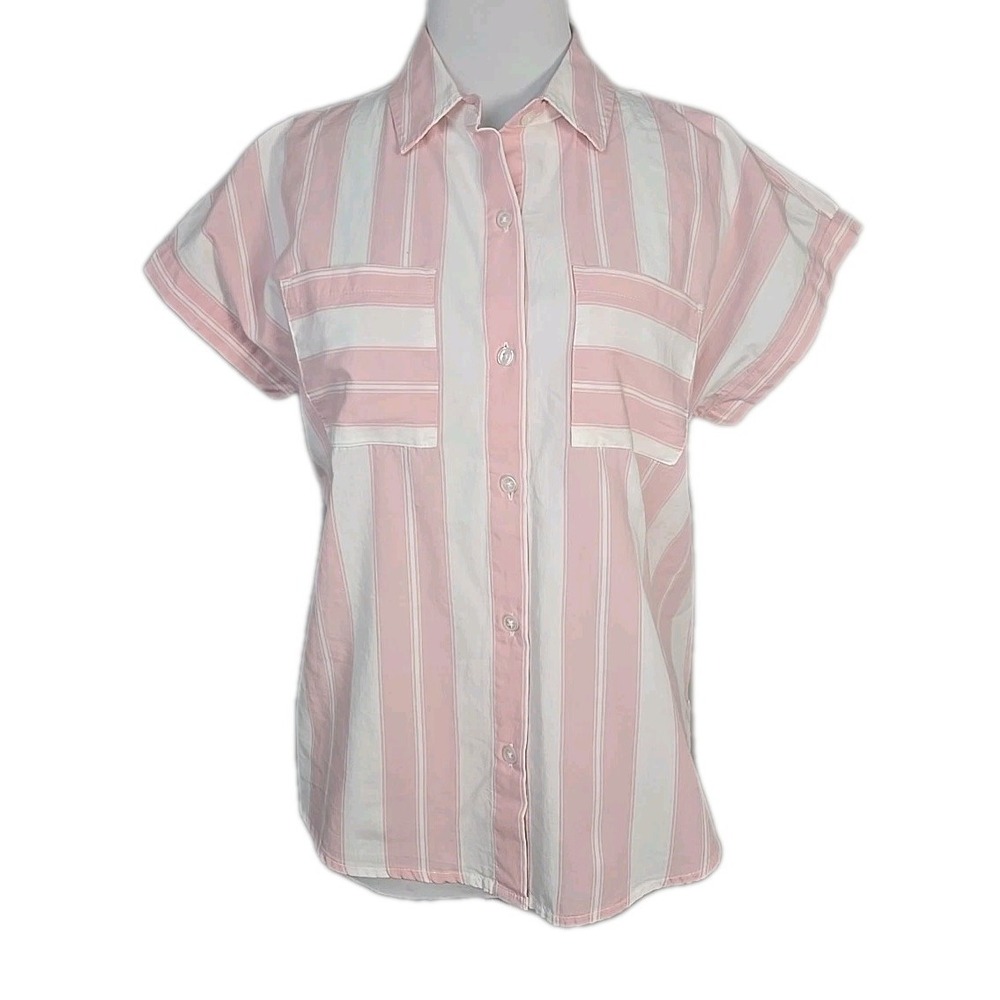 Wonderly Women's Pink/White Button Front 100% Cotton Shirt Blouse Pockets Small